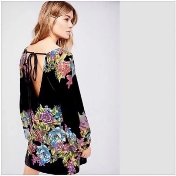 Free People Velvet Black Floral Design Long Sleeve Mini Dress Size XS - Picture 4 of 13